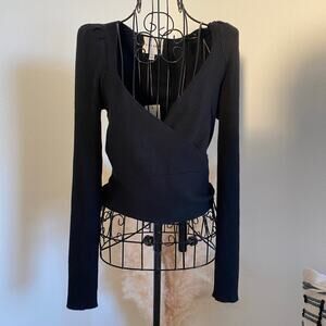 Pink Rose Black Knit Wrap Front Long Sleeve Ribbed Sweater Top NEW Large